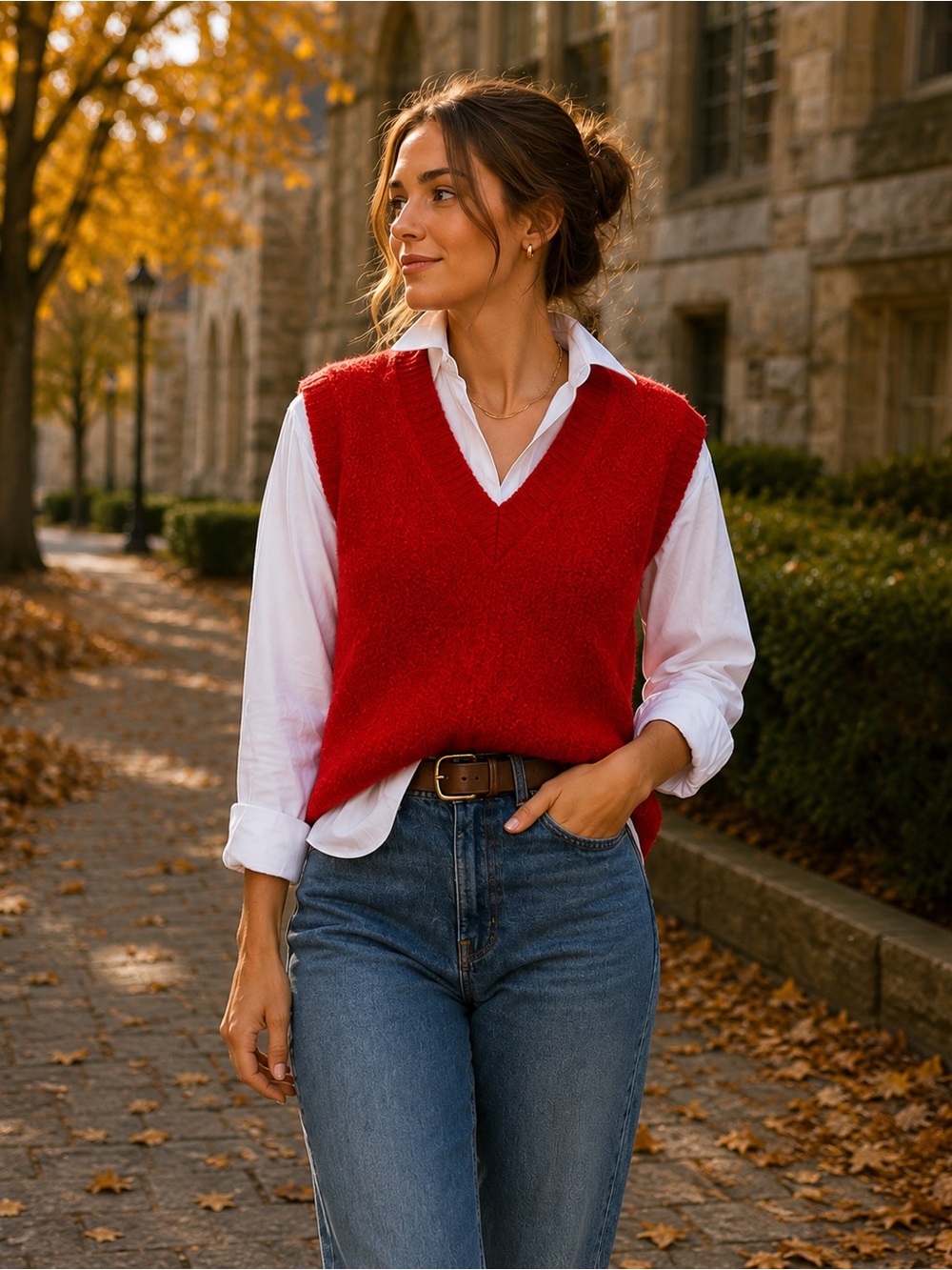 Vintage Red Bouclé Sweater Vest Preppy Grandpa Core Cozy V-Neck Knit Medium
